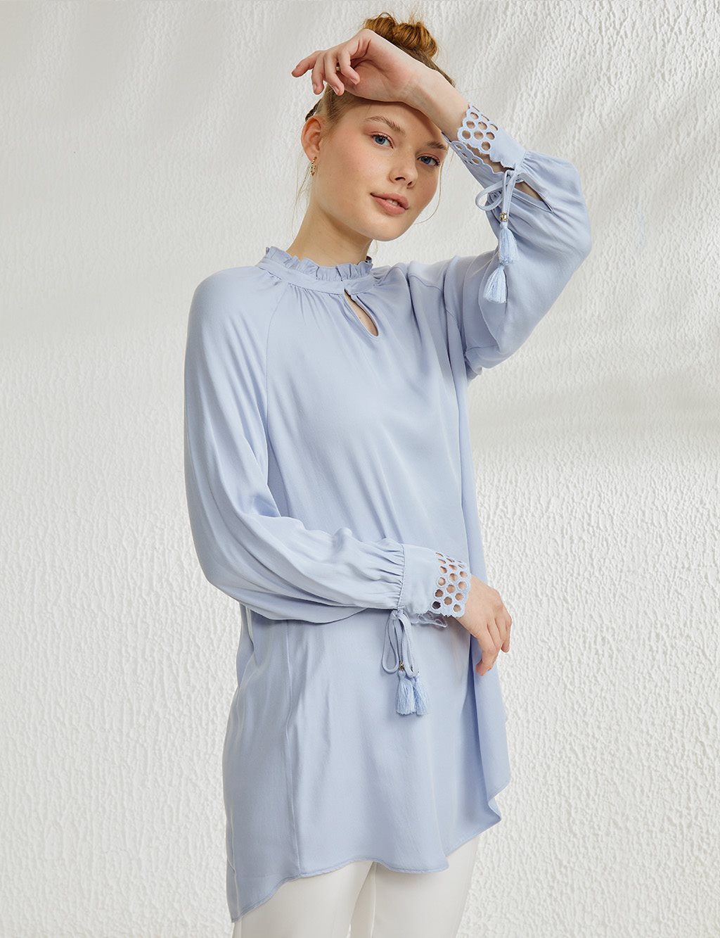 Pleated Ruffle Collar Tunic Light Blue