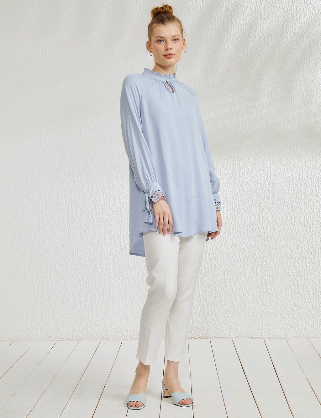 Pleated Ruffle Collar Tunic Light Blue