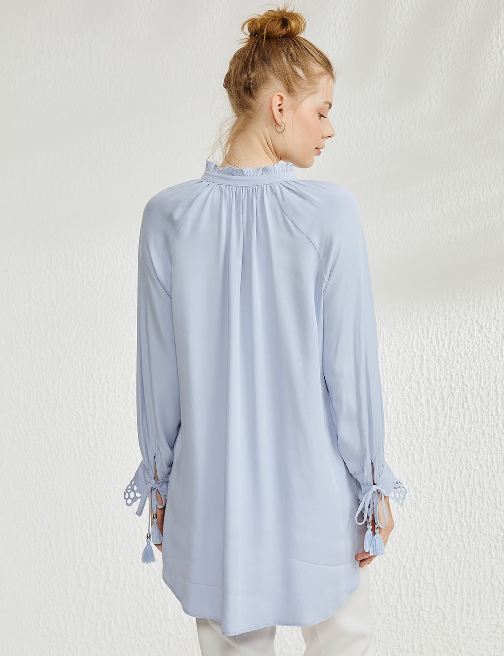 Pleated Ruffle Collar Tunic Light Blue