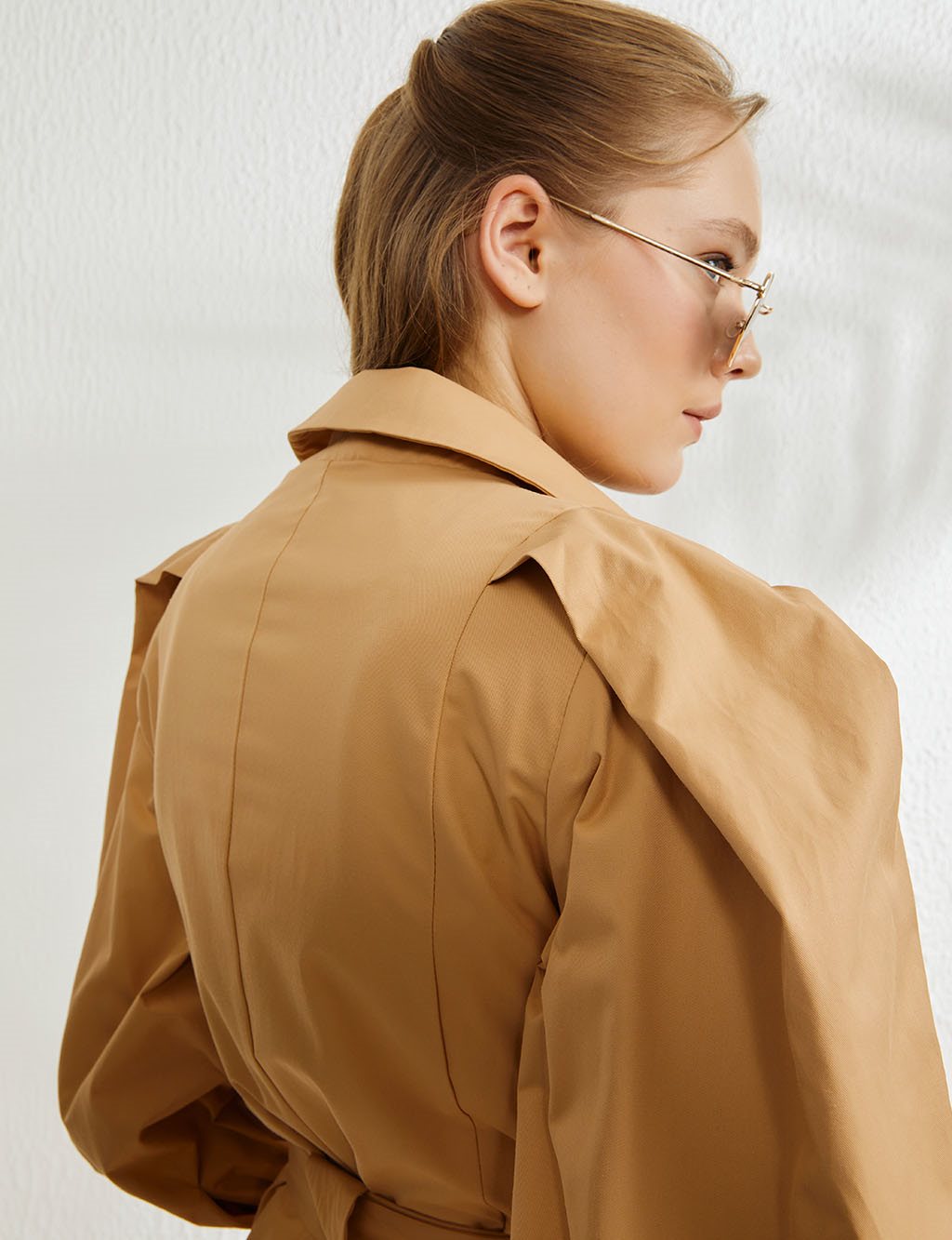 Double Breasted Balloon Sleeve Trench Coat Beige