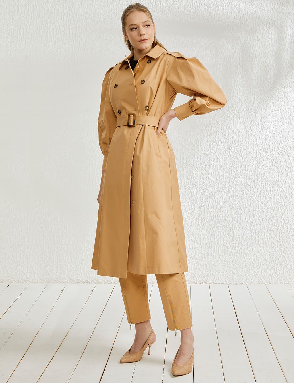 Double Breasted Balloon Sleeve Trench Coat Beige