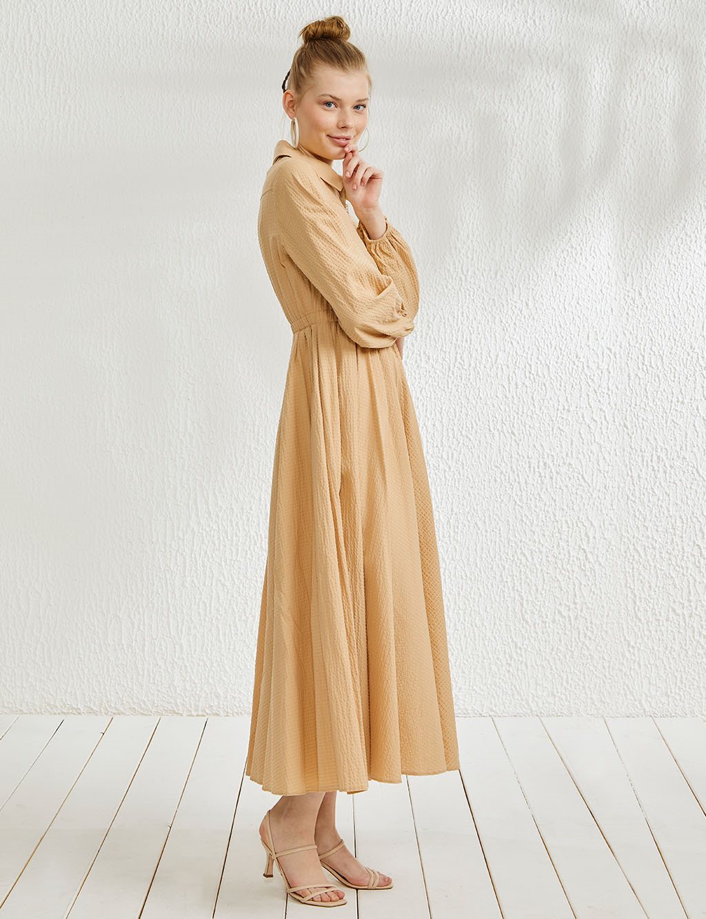 Textured Full Length Dress Beige