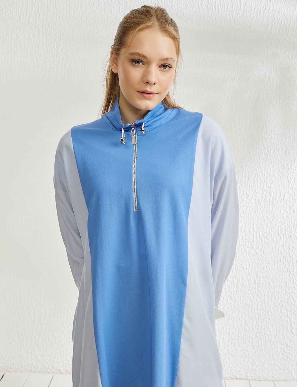 Yarım Fermuarlı Parçalı Sweatshirt Açık Mavi