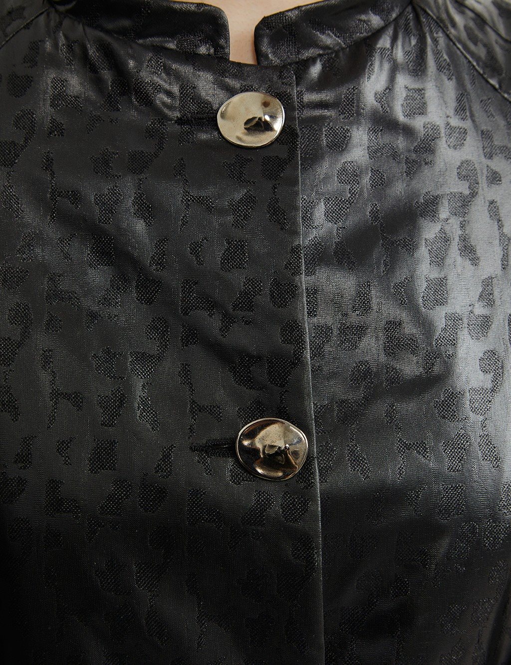 Shiny Buttoned Brocade Patterned Trench Coat Black