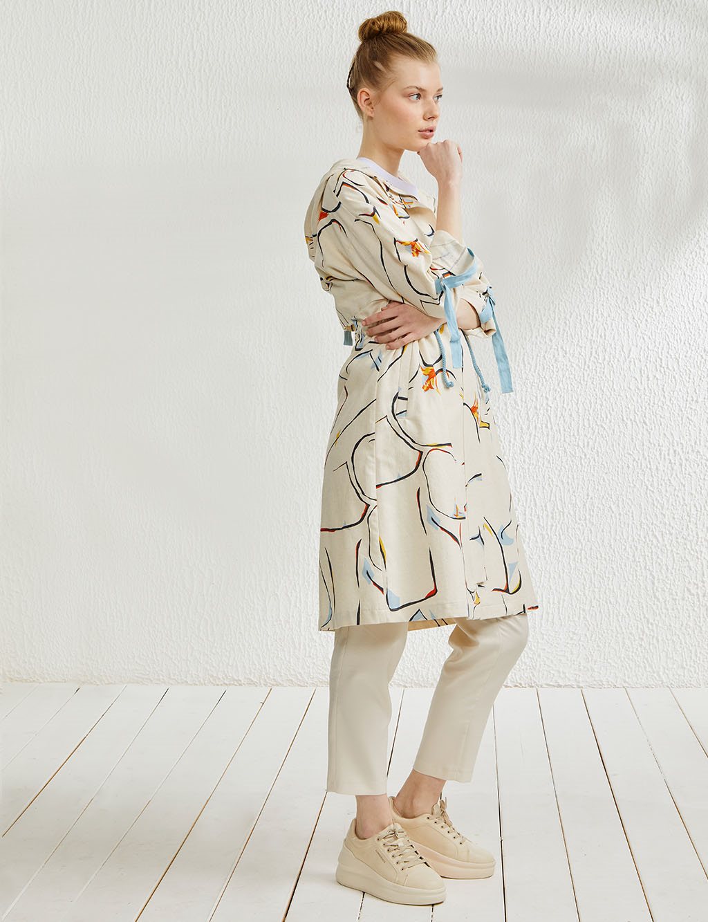 Hooded Abstract Pattern Trench Coat Cream