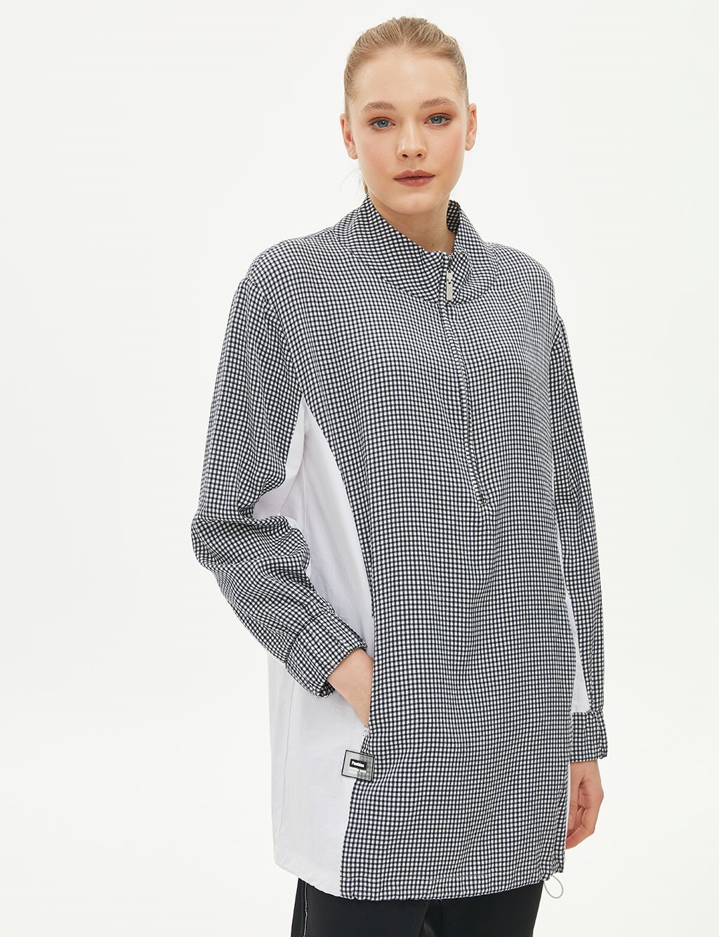 Pötikareli Yarım Fermuarlı Tunik Ekru-Lacivert