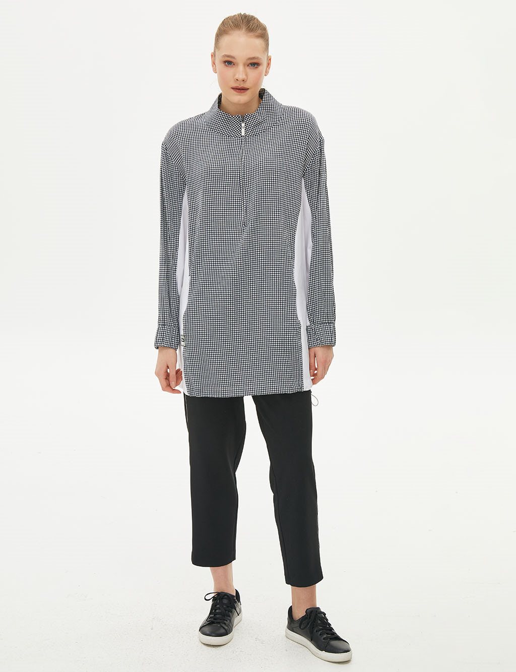 Pötikareli Yarım Fermuarlı Tunik Ekru-Lacivert