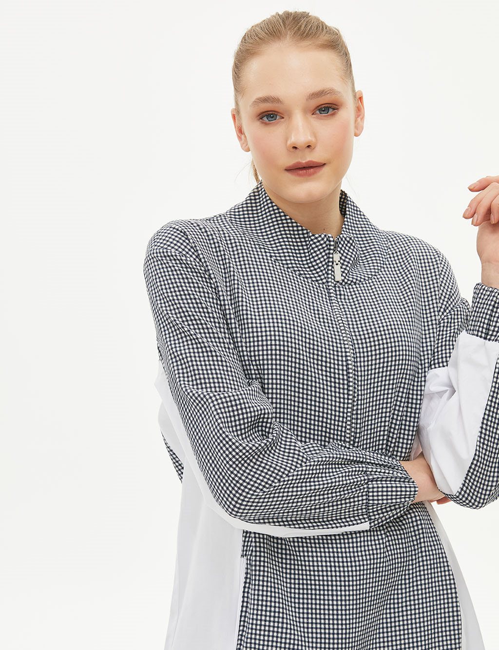 Pötikareli Yarım Fermuarlı Tunik Ekru-Lacivert