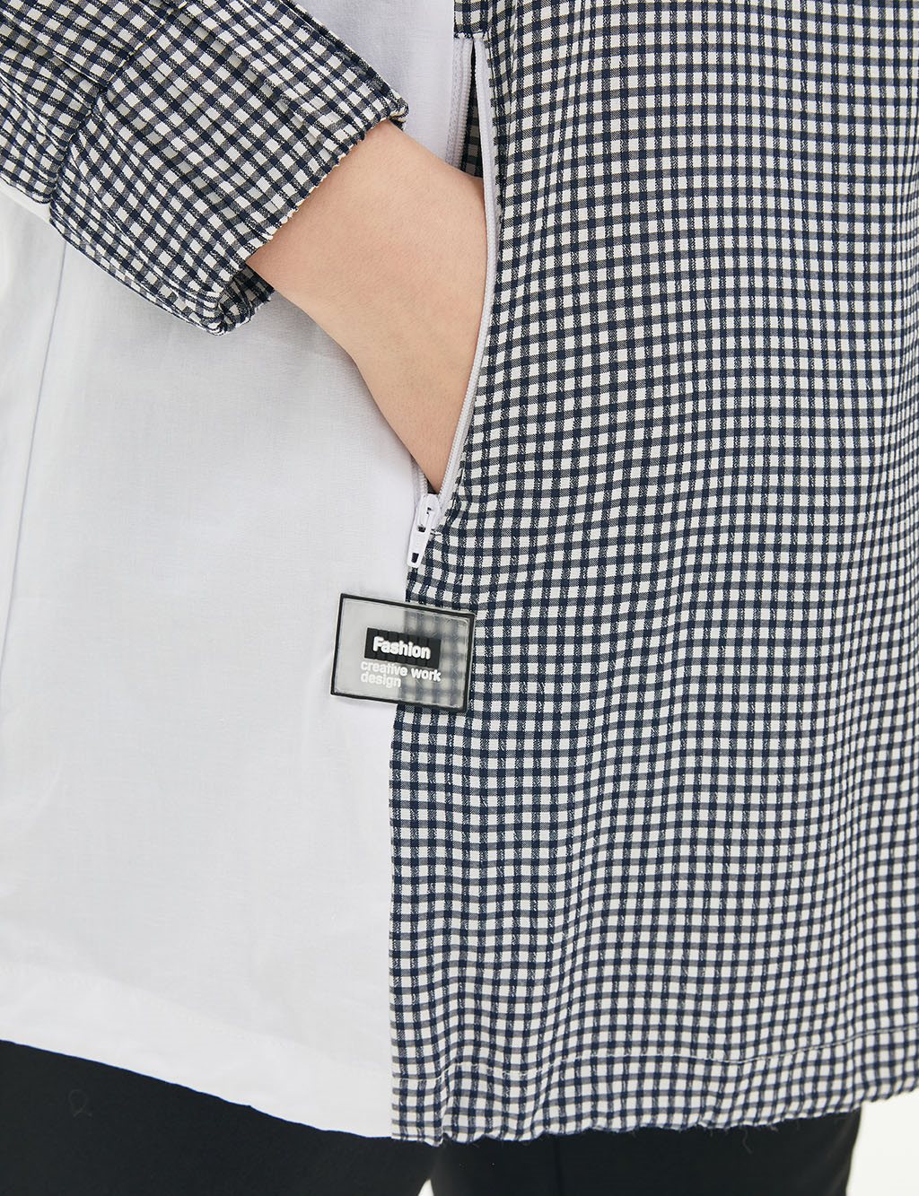 Pötikareli Yarım Fermuarlı Tunik Ekru-Lacivert