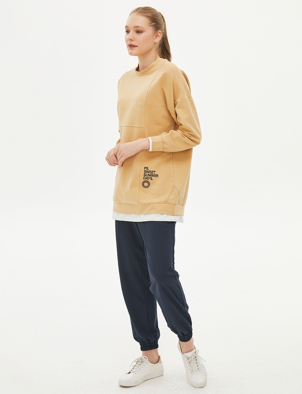 Katman Görünümlü Parçalı Sweatshirt Bej 