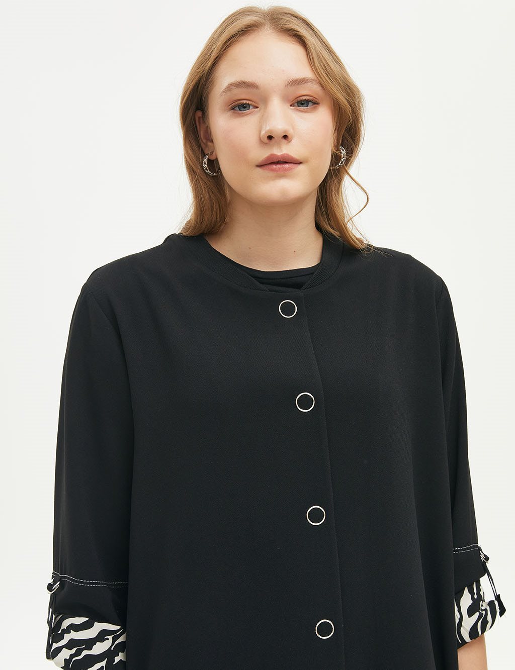 College Collar Jacket with Folded Sleeves Black