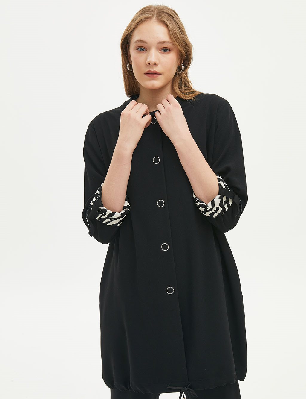 College Collar Jacket with Folded Sleeves Black