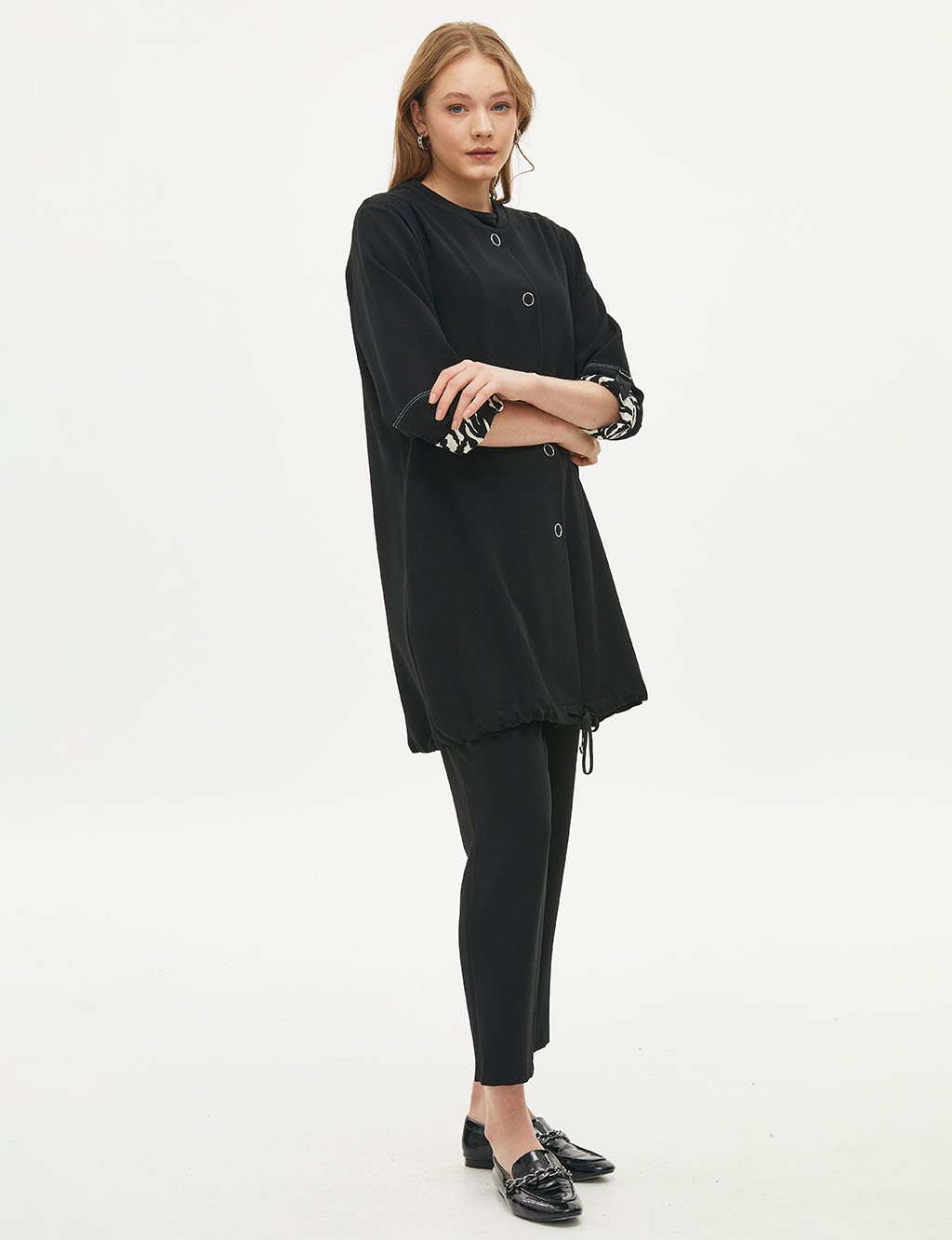 College Collar Jacket with Folded Sleeves Black