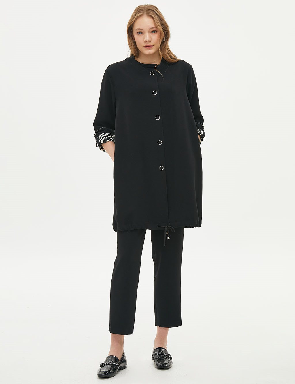 College Collar Jacket with Folded Sleeves Black