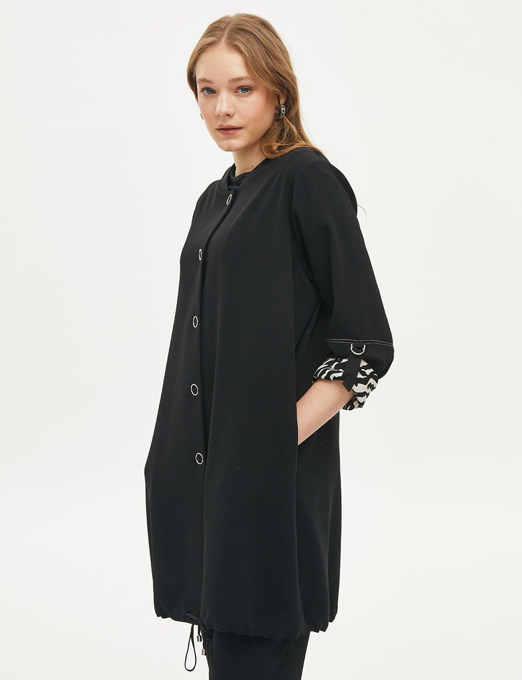 College Collar Jacket with Folded Sleeves Black