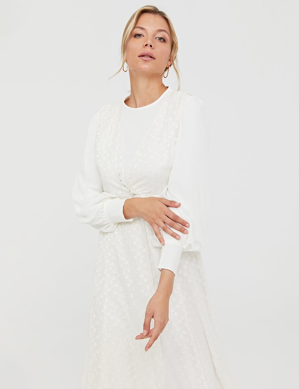 Jacquard Balloon Sleeve Dress Ecru