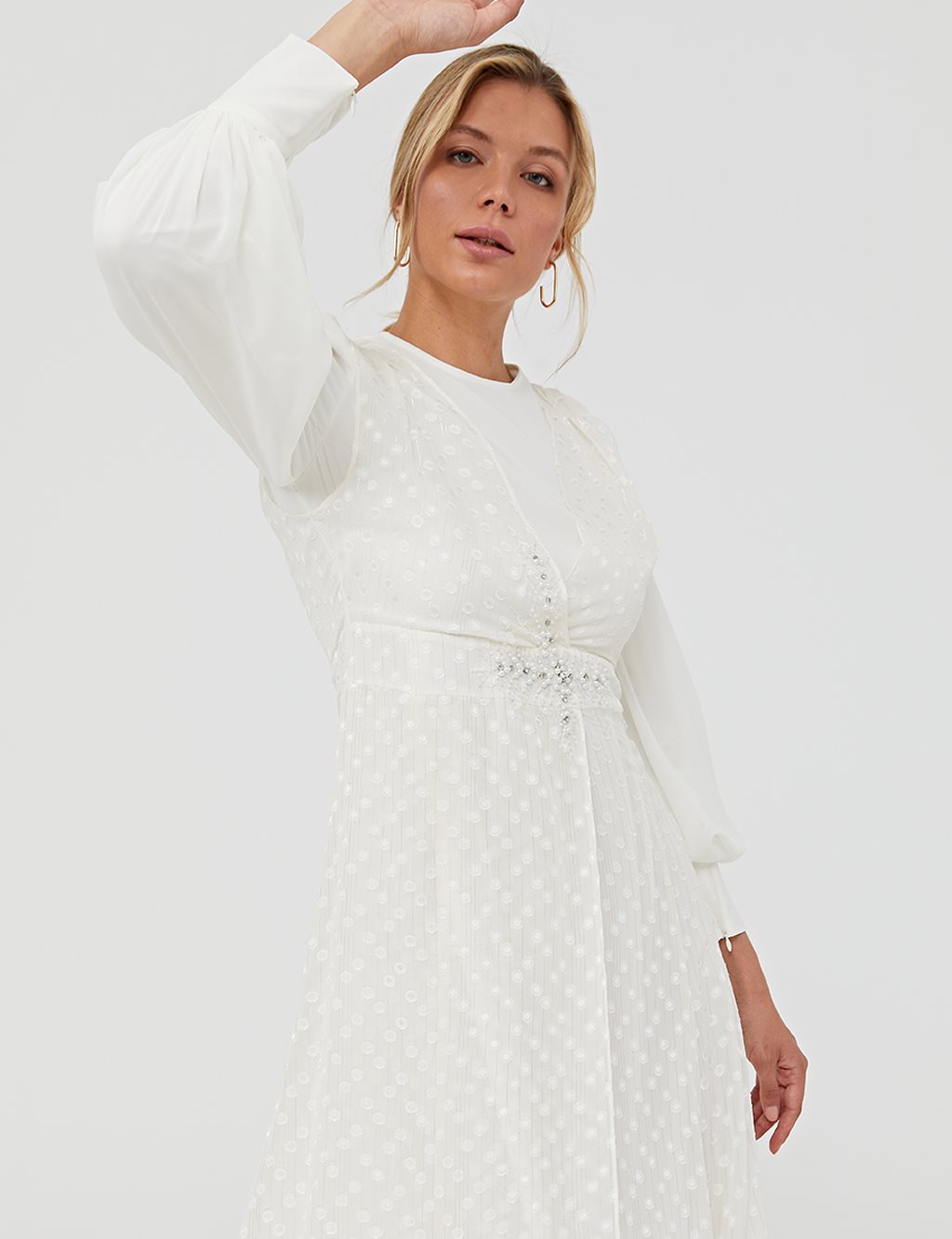 Jacquard Balloon Sleeve Dress Ecru