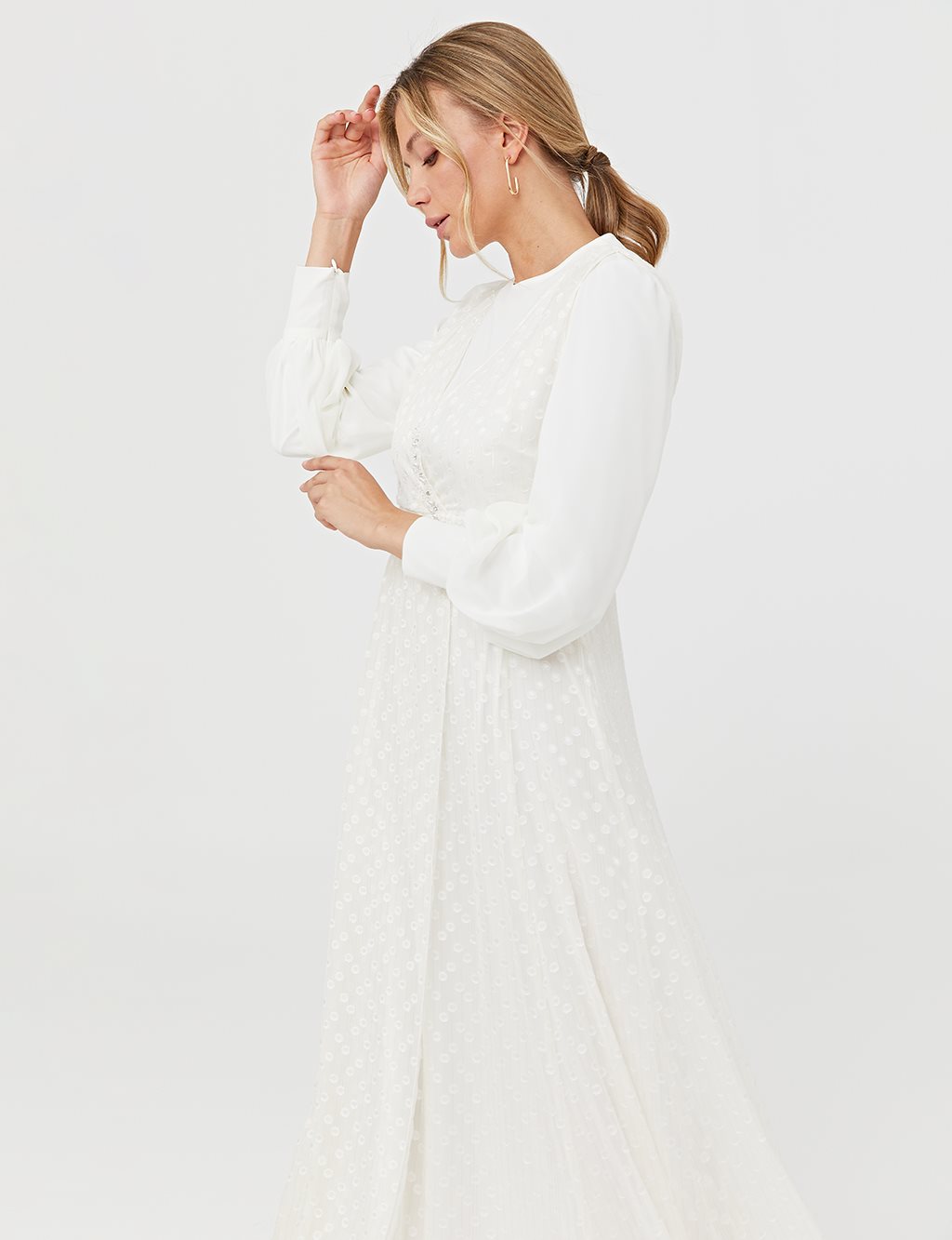 Jacquard Balloon Sleeve Dress Ecru