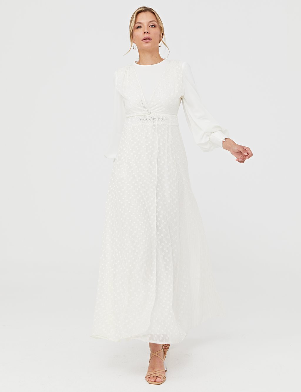 Jacquard Balloon Sleeve Dress Ecru