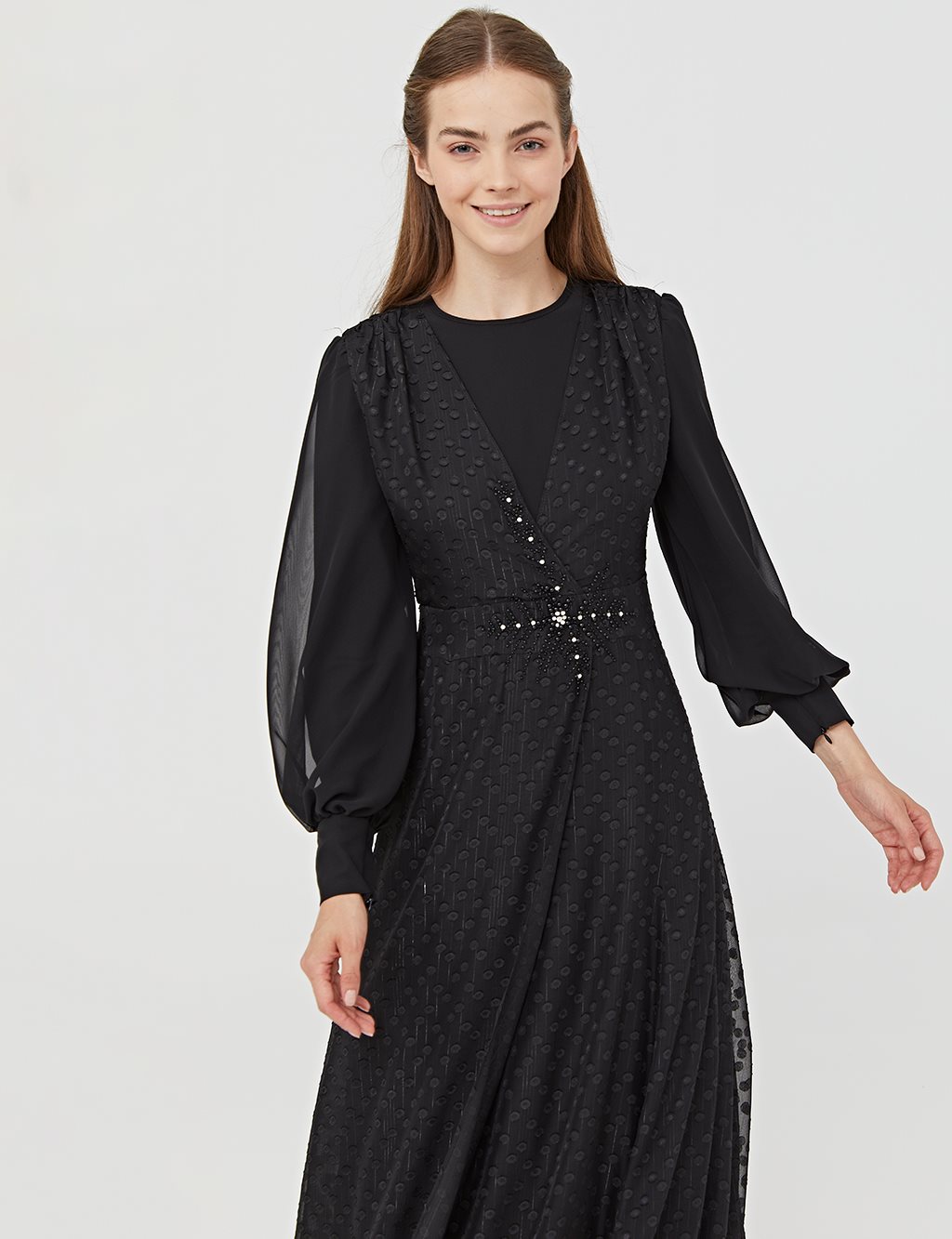 Jacquard Balloon Sleeve Dress Black