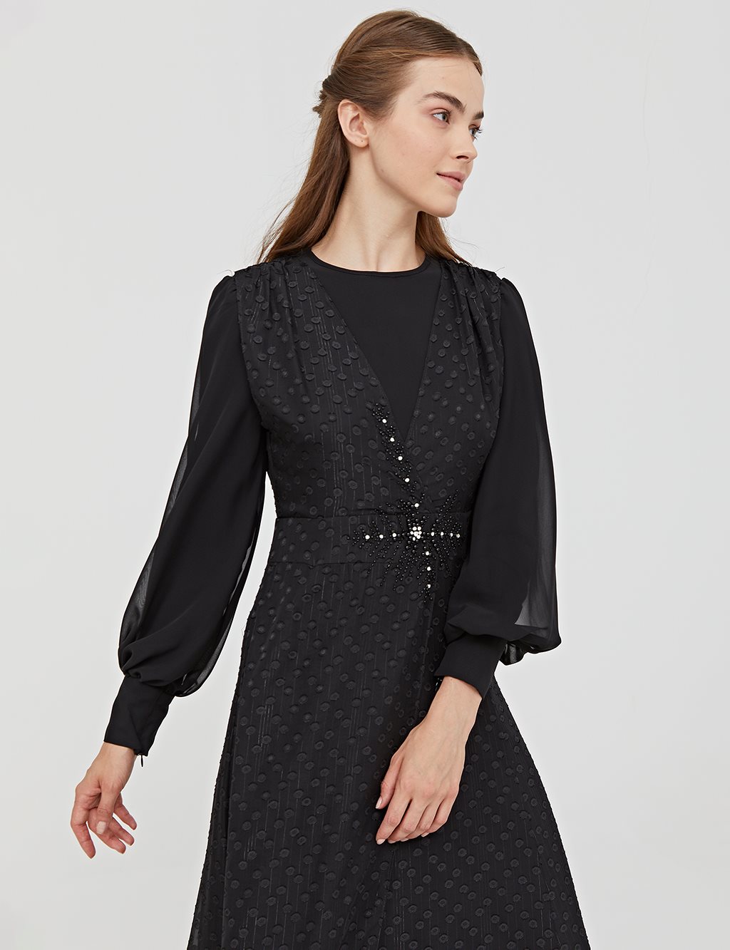 Jacquard Balloon Sleeve Dress Black