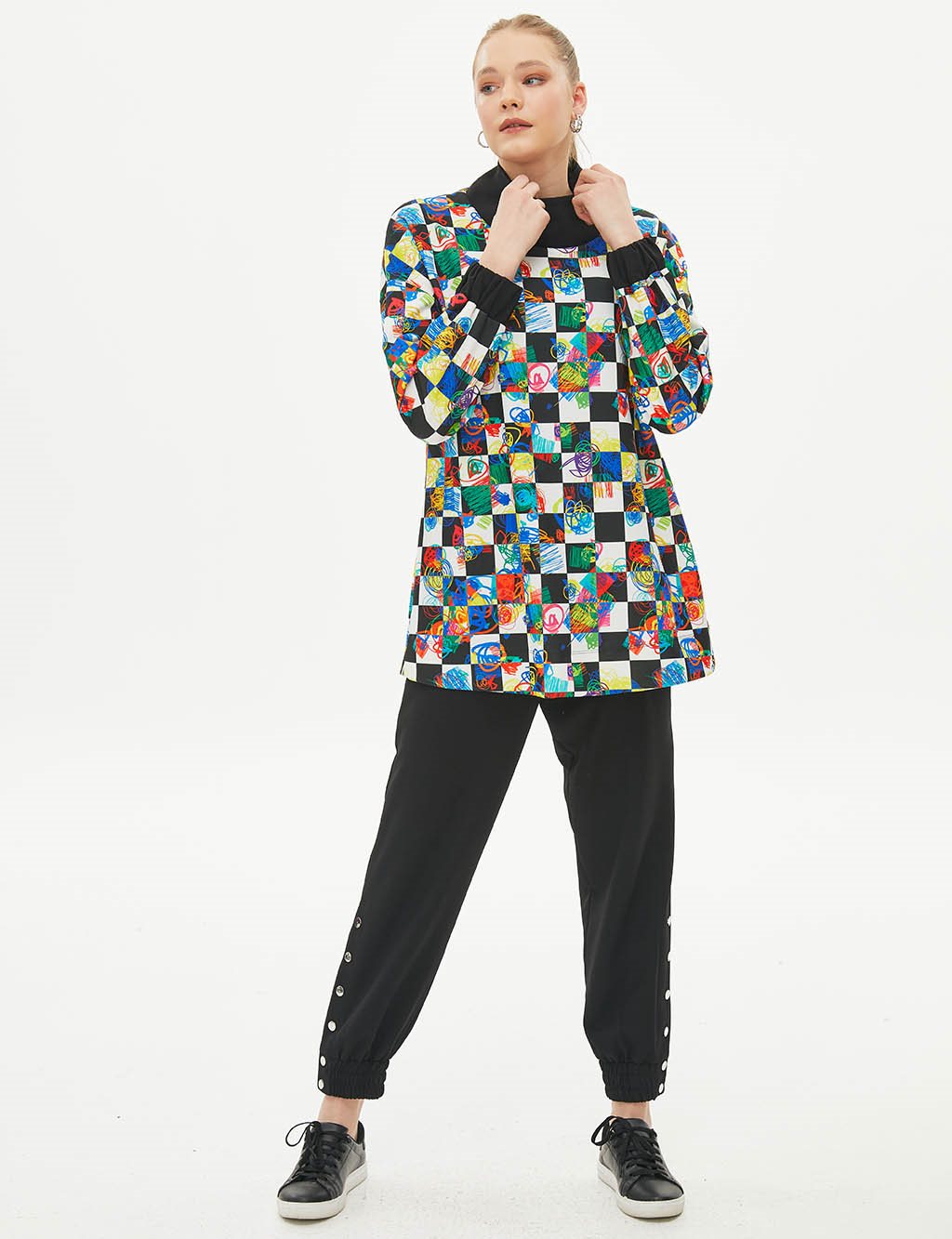 Abstract Pattern Checkered Tunic Black-White