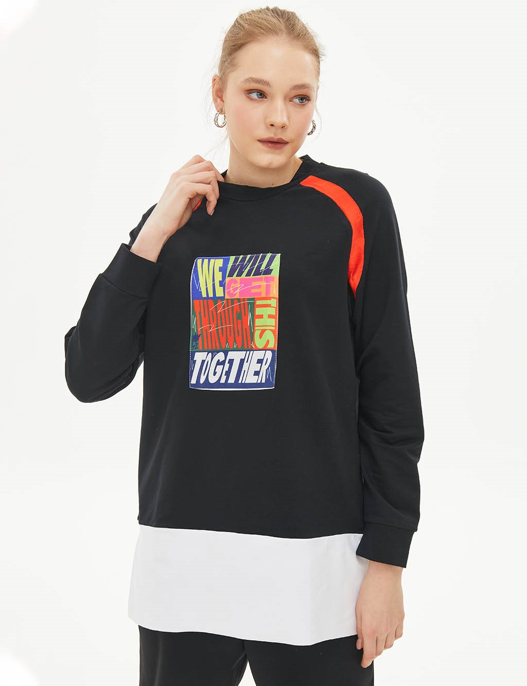 Slogan Printed Color Block Sweatshirt Navy