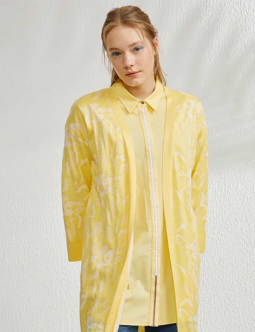 Abstract Patterned Kimono Sleeve Knitwear Cardigan Yellow-White