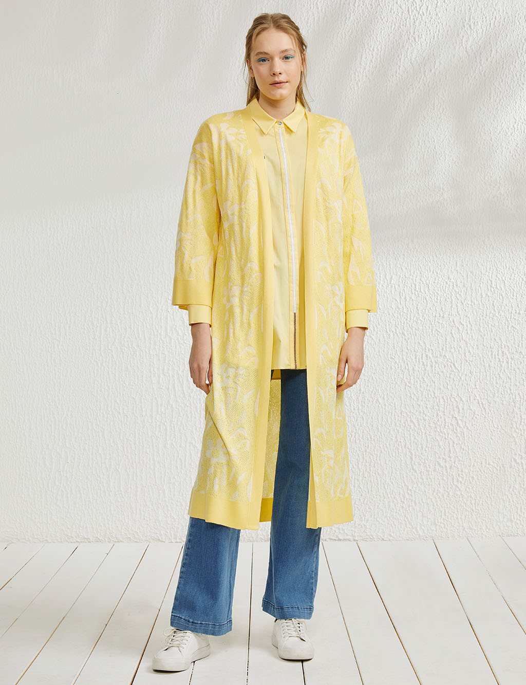 Soyut Desenli Kimono Kol Triko Hırka Sarı-Beyaz