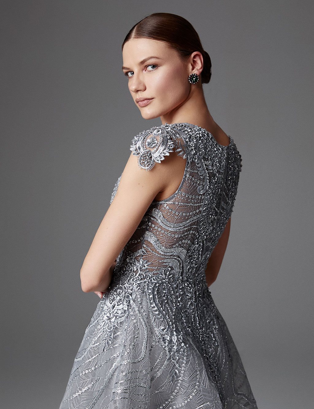 TIARA Shoulder Detailed Evening Dress Grey