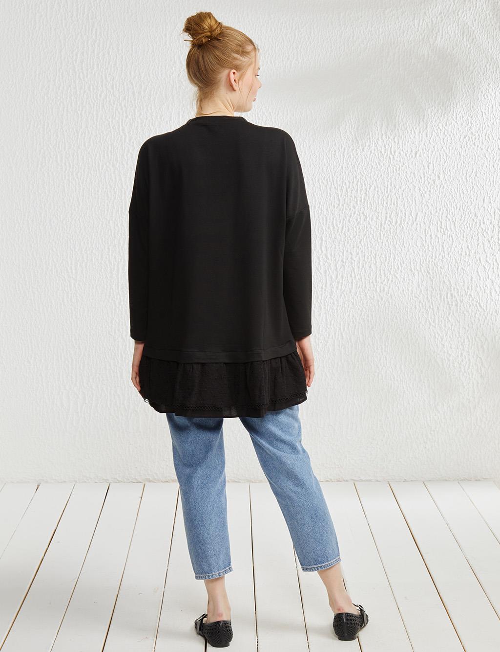 Rigged Detailed Round Neck Blouse Black