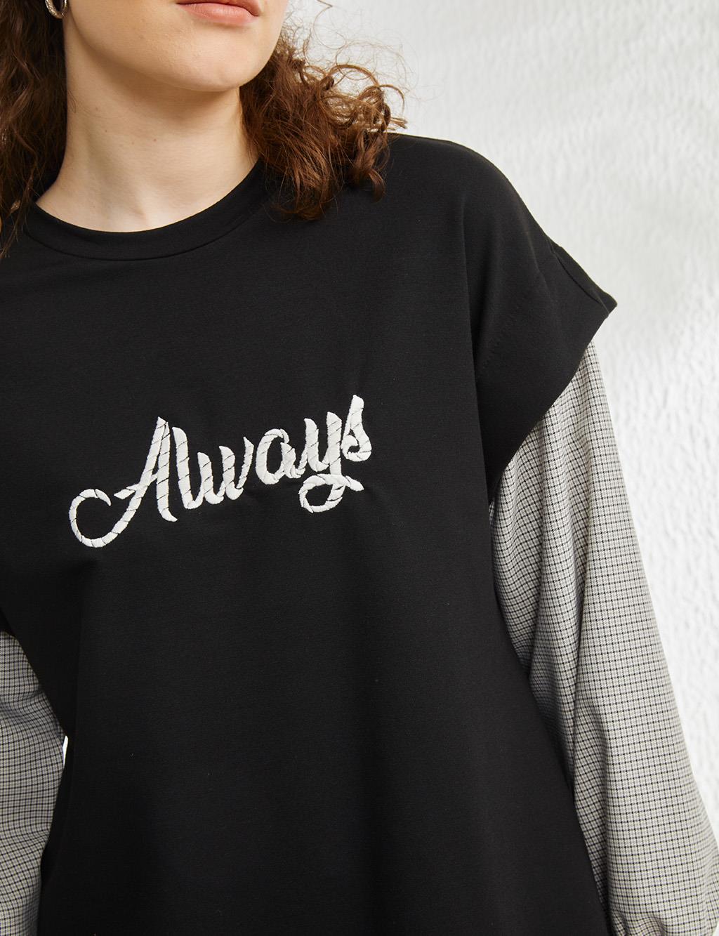 Gingham Sleeves, Slogan Printed Sweatshirt Black