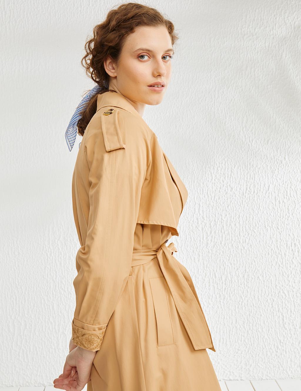 Ankle Embroidery Detailed Double Breasted Trench Coat Beige