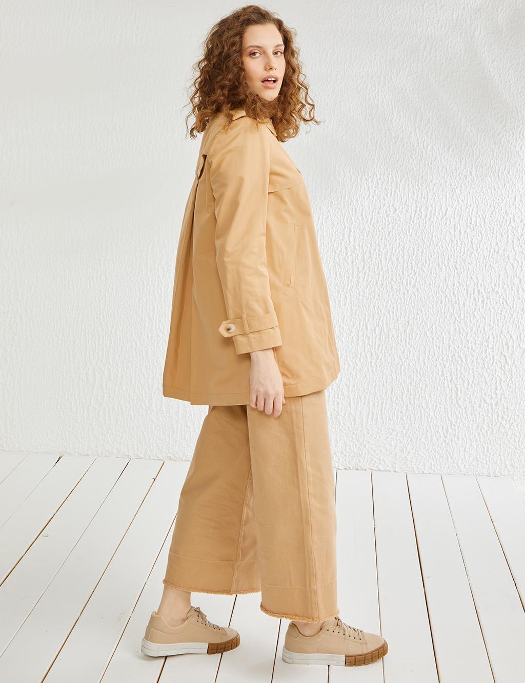 Hidden Button Closure Short Trench Coat Beige