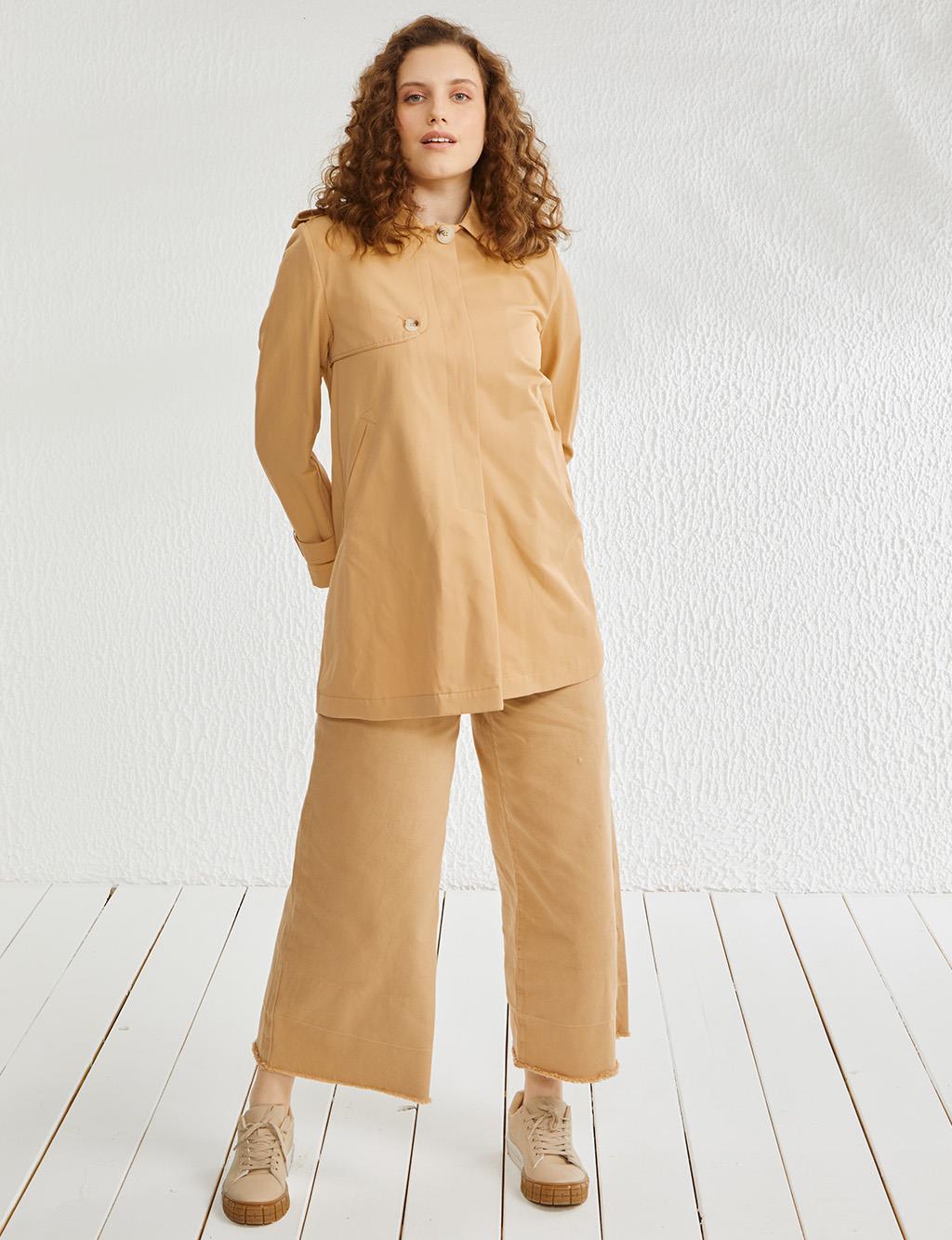 Hidden Button Closure Short Trench Coat Beige