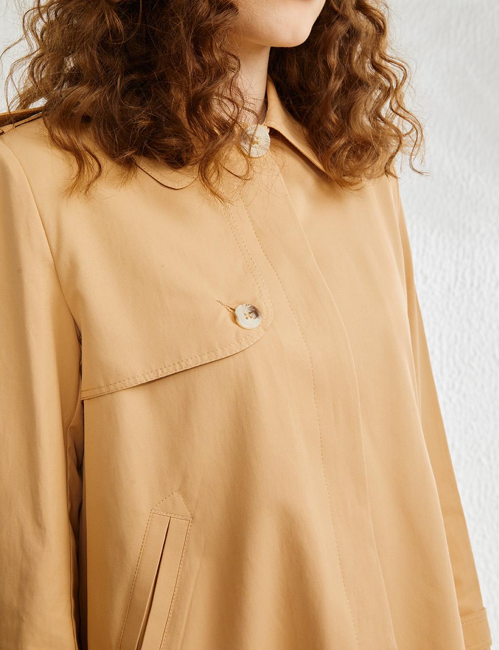 Hidden Button Closure Short Trench Coat Beige