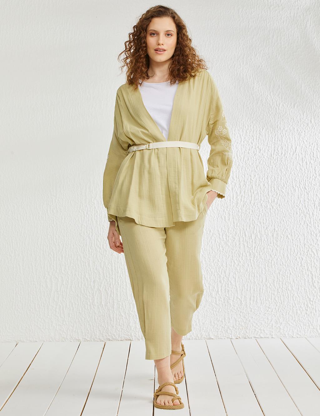 Kolları Nakışlı Kimono Oliv