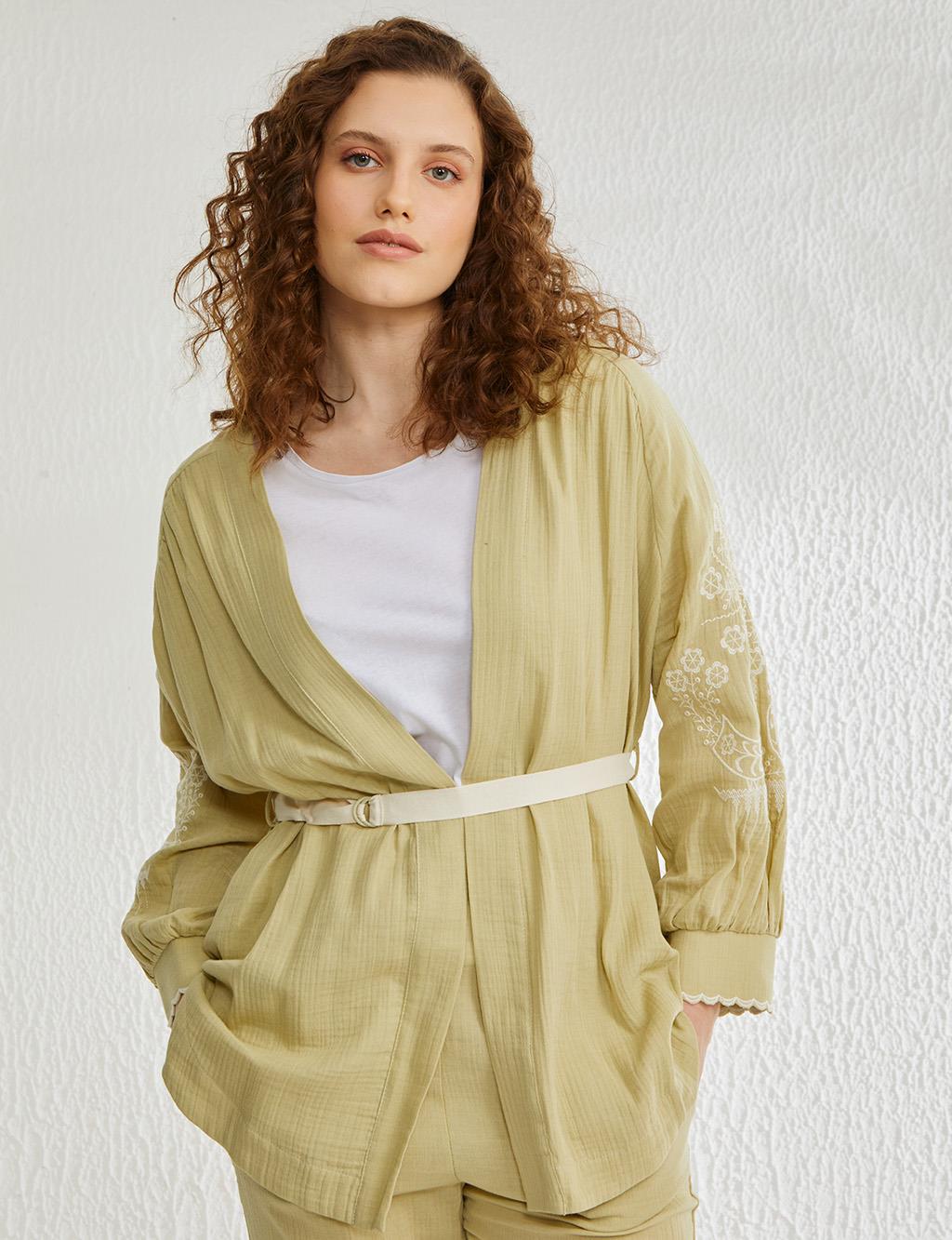 Kolları Nakışlı Kimono Oliv