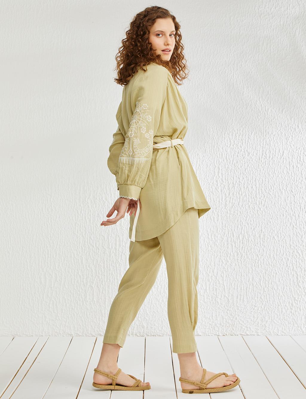 Kolları Nakışlı Kimono Oliv