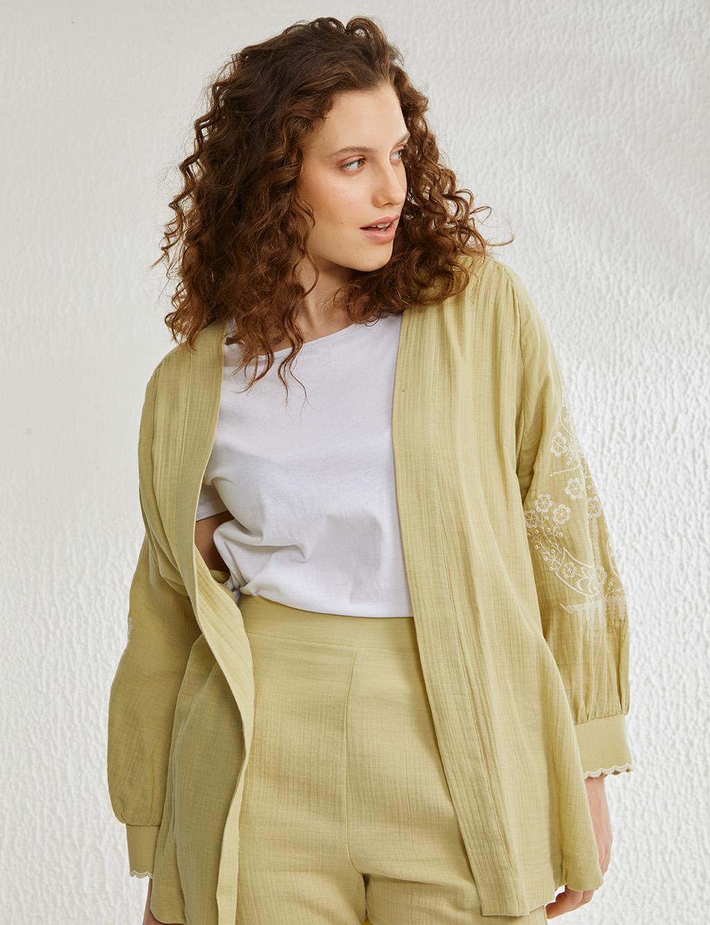 Kolları Nakışlı Kimono Oliv