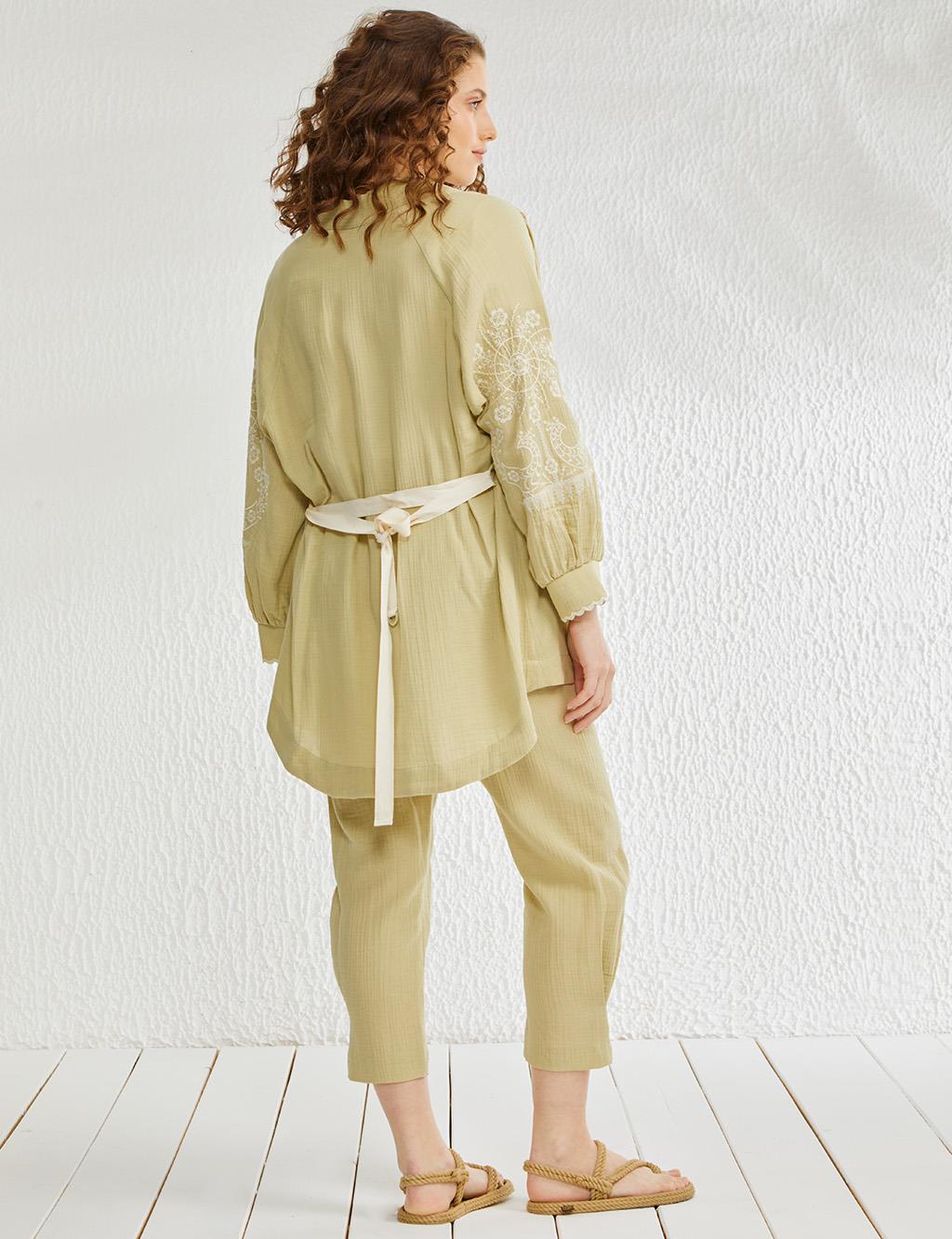 Kolları Nakışlı Kimono Oliv