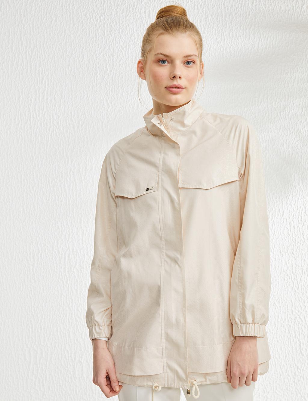 Snakeskin Patterned Grandad Collar Jacket Cream