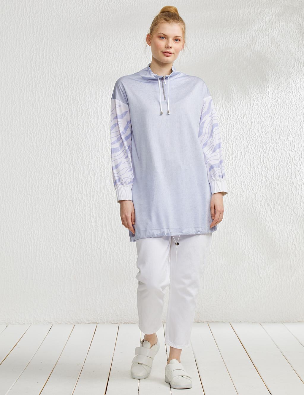 Abstract Patterned Pleated Grandad Collar Tunic Blue