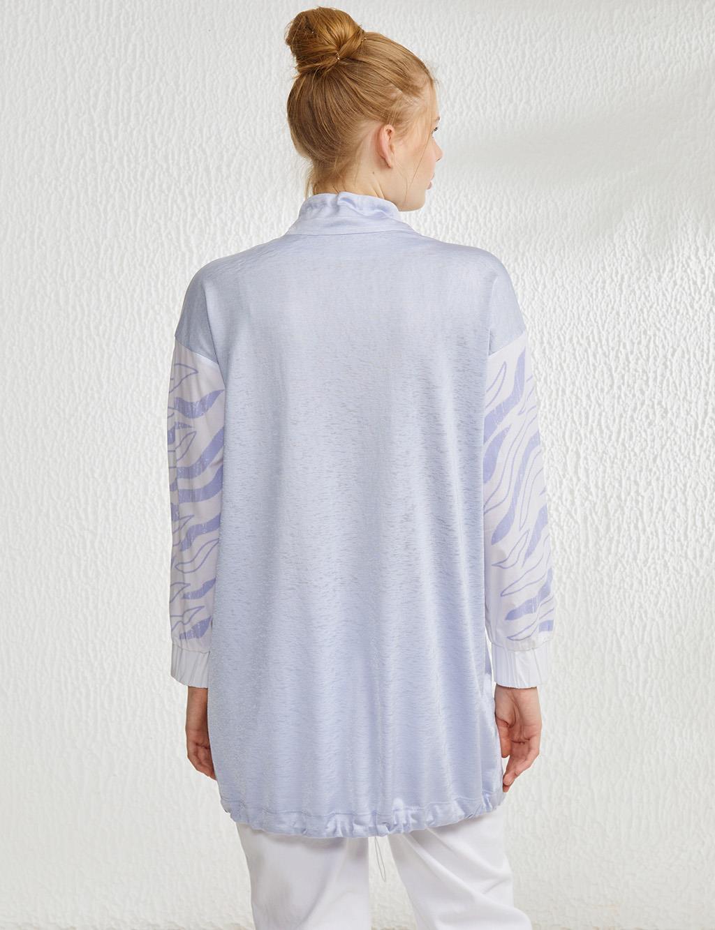 Abstract Patterned Pleated Grandad Collar Tunic Blue