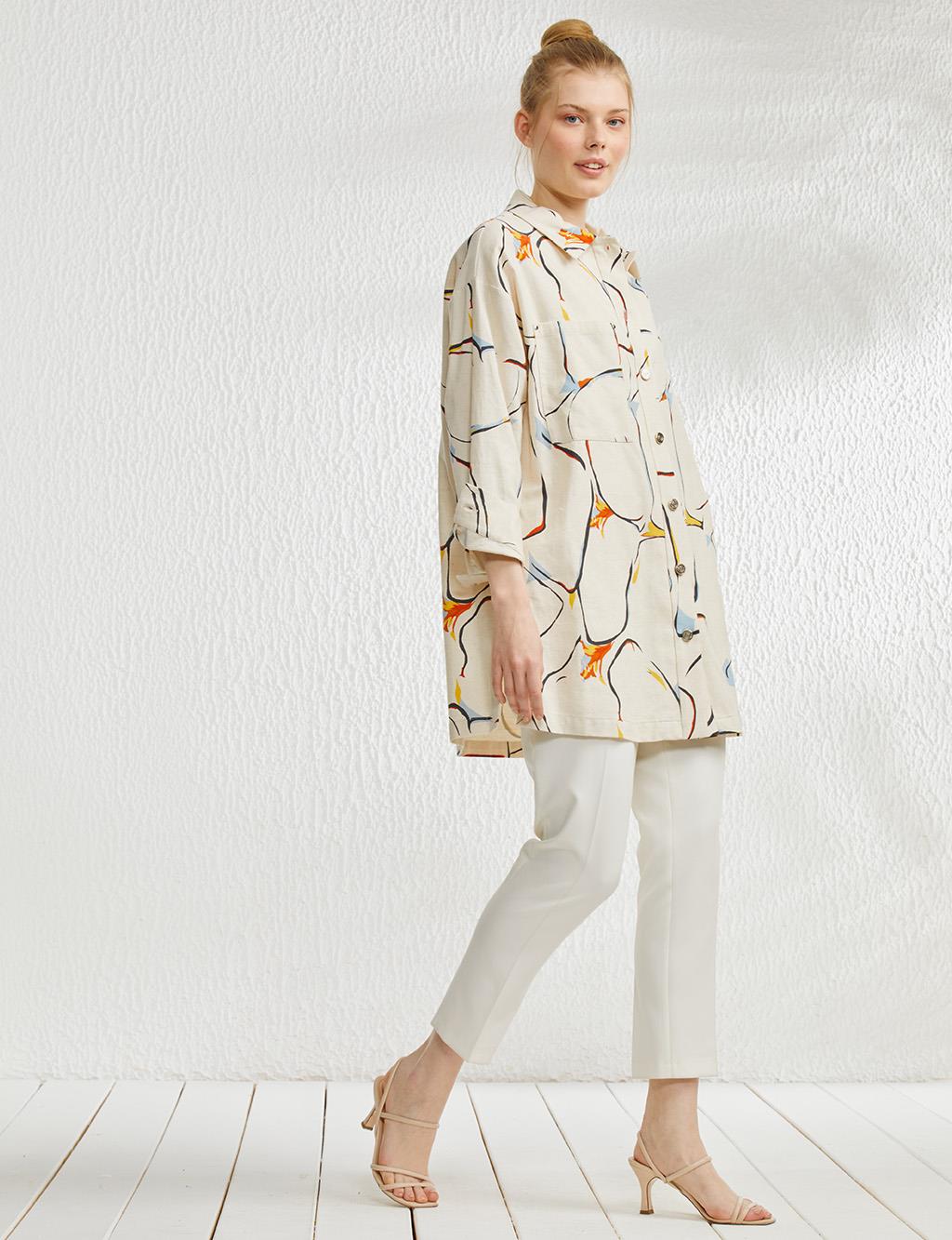 Abstract Patterned Deep Pocketed Jacket Beige