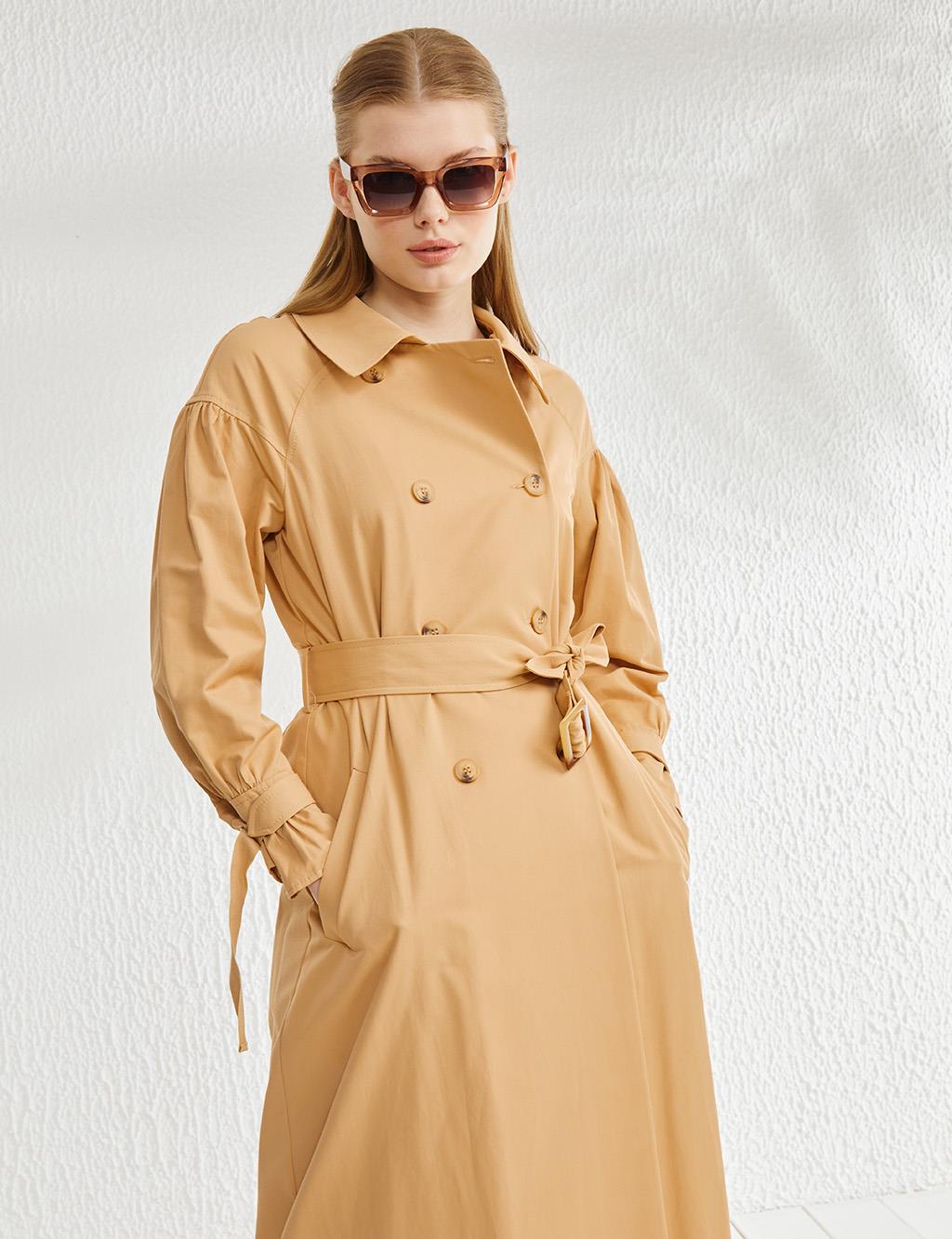 Ankle Detailed Double Breasted Trench Coat Beige