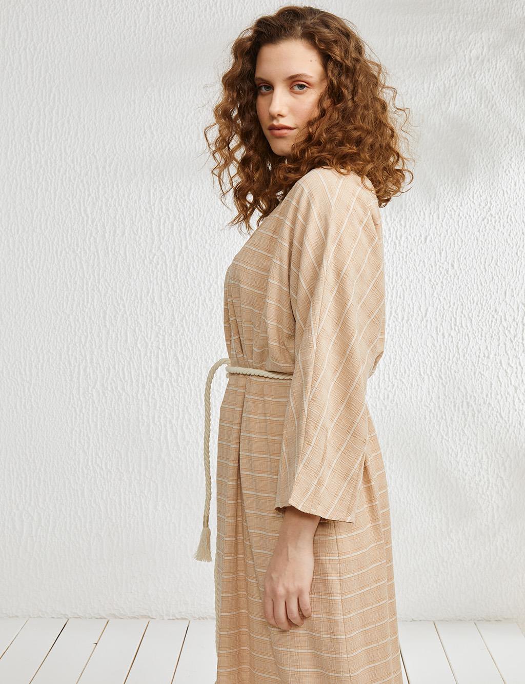 Horizontal Striped Kimono Beige