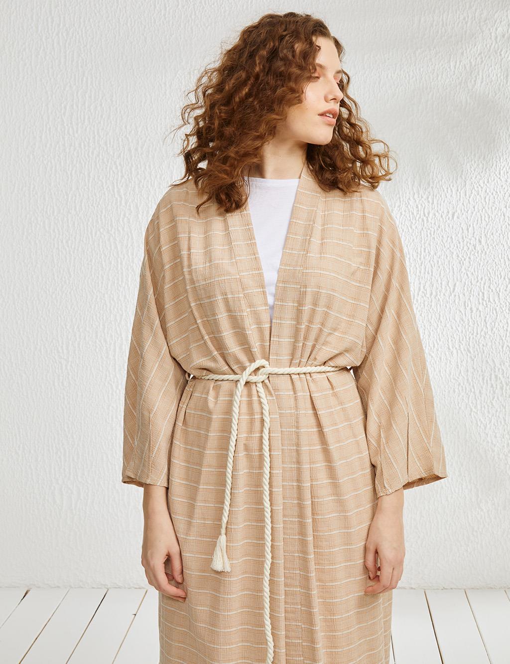 Horizontal Striped Kimono Beige