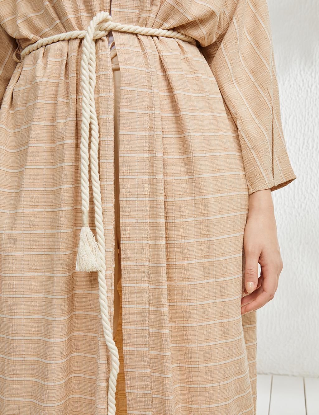 Horizontal Striped Kimono Beige