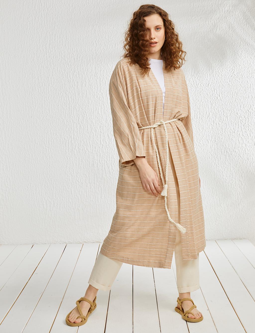 Horizontal Striped Kimono Beige